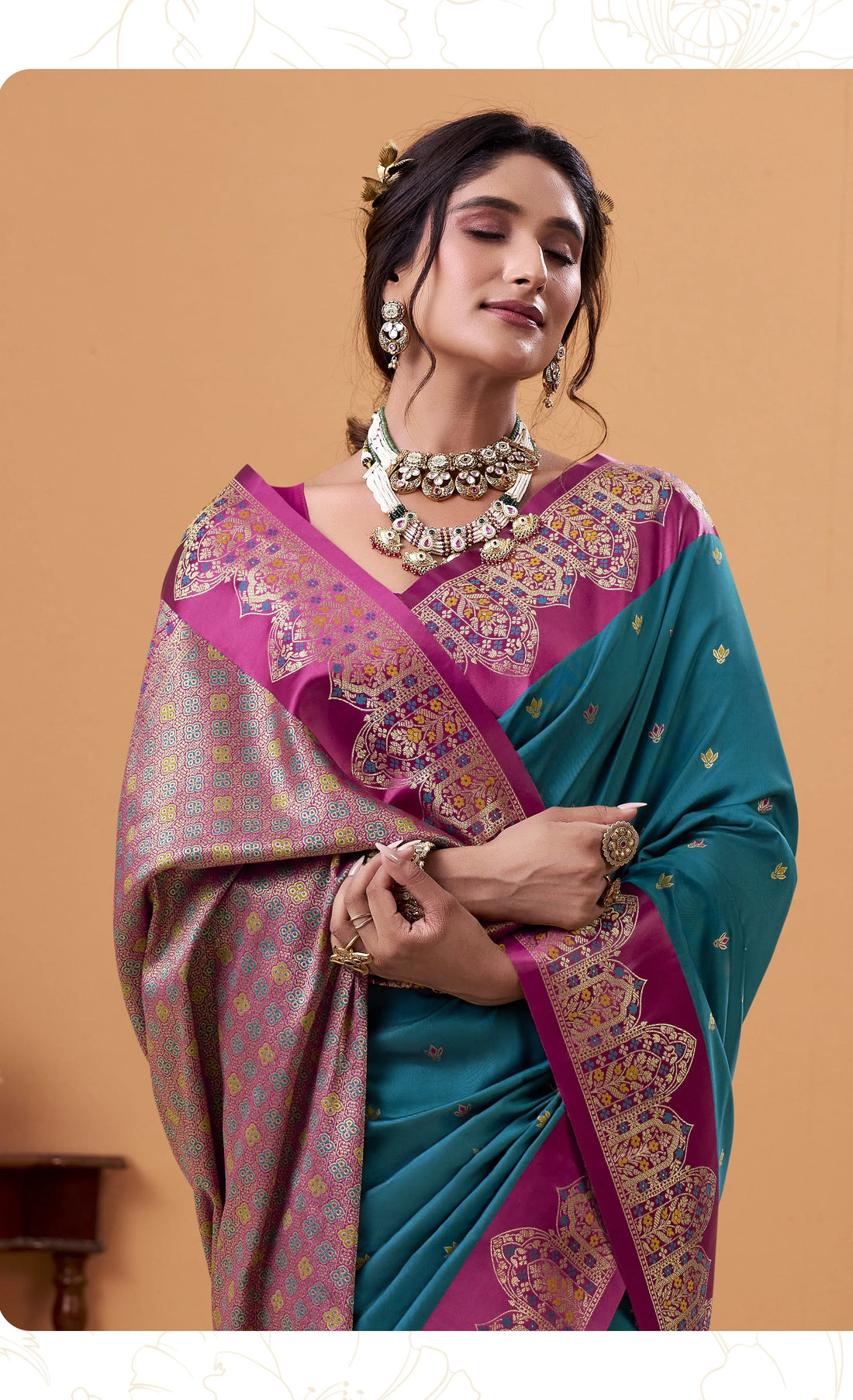 Taapi Ghat Ghat Peacock Blue Satin Silk Banarasi Designer Saree