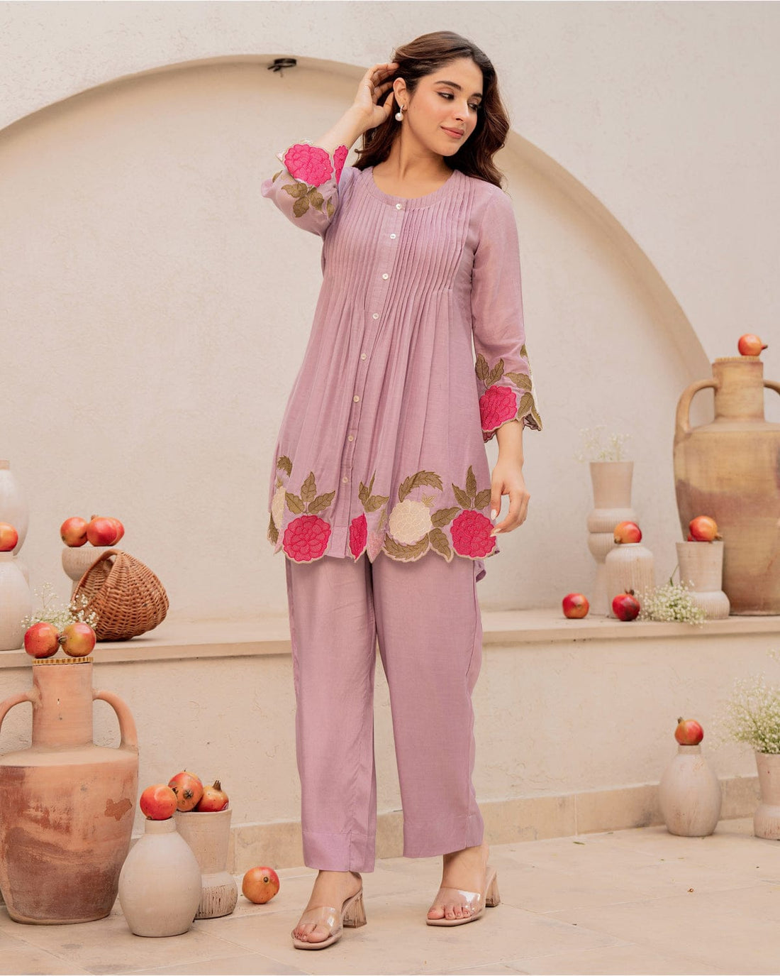 Women Cotton 60x60 Heavy Embroidery Work Co-Ord Set with Pant