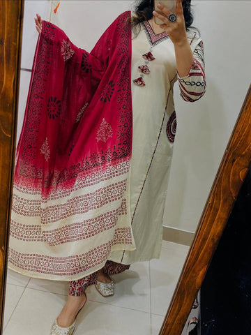 Heavy Cotton Embroidered Kurti Pant Dupatta Set with Pocket Detail
