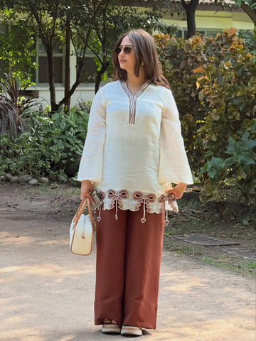 Faddism AD244 Pure Roman Silk Embroidered Top & Palazzo Party Wear Set