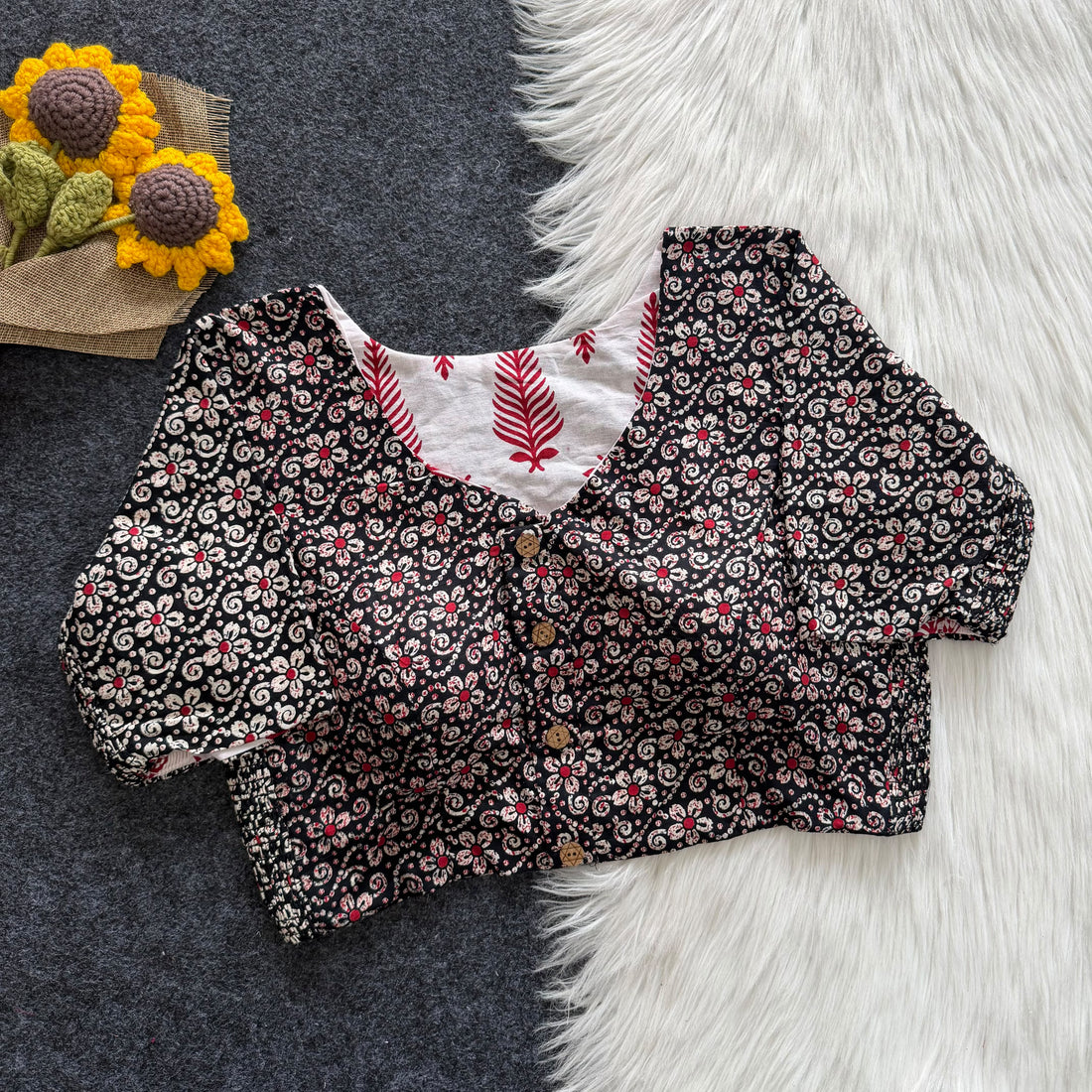 Faddism Alat Palat Pure Cotton Hand Block Print Blouse with Side Elastic