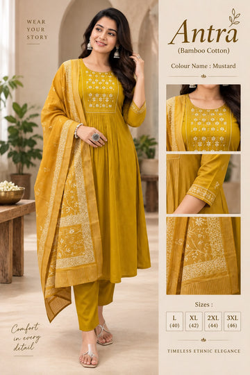 Faddism Antra Bamboo Cotton Straight Kurta Pant & Organza Dupatta Set