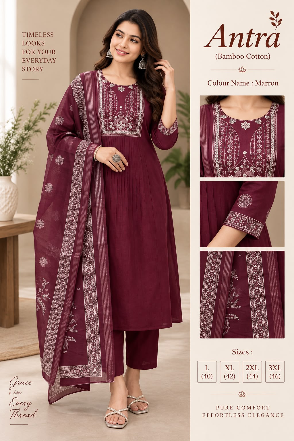 Faddism Antra Bamboo Cotton Straight Kurta Pant & Organza Dupatta Set