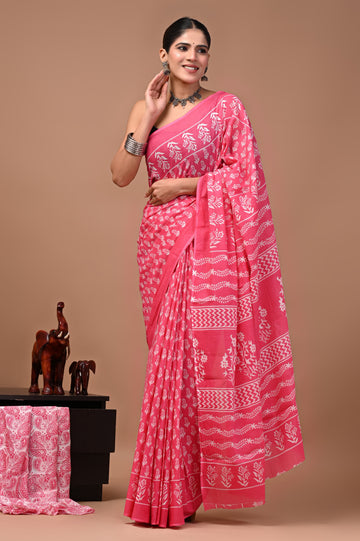 Faddism Bagru Print Pure Mulmul Cotton Saree with Running Blouse