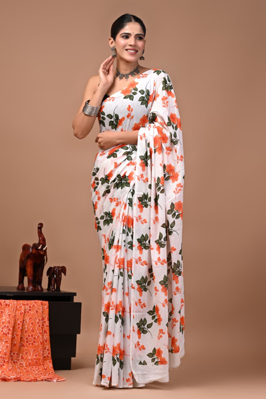 Faddism Bagru Print Pure Mulmul Cotton Saree with Running Blouse
