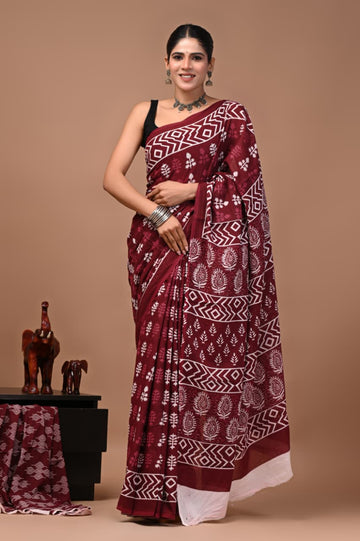 Faddism Bagru Print Pure Mulmul Cotton Saree with Running Blouse