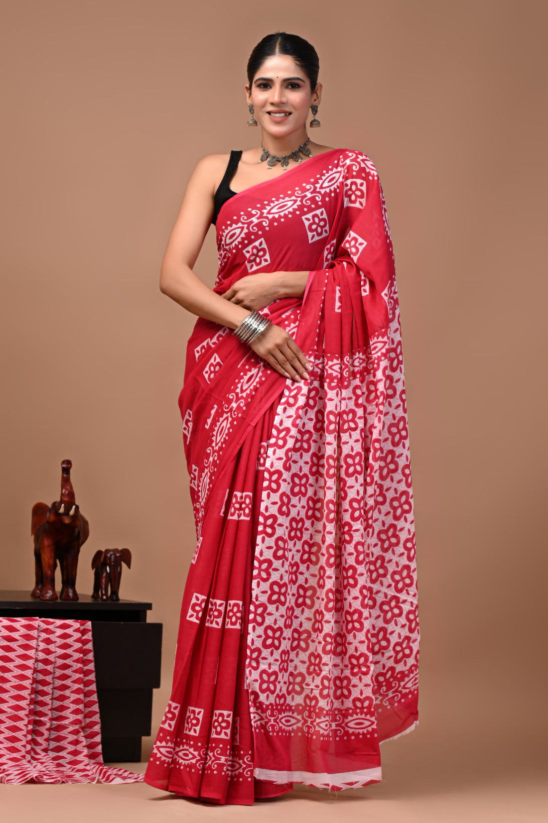 Faddism Bagru Print Pure Mulmul Cotton Saree with Running Blouse