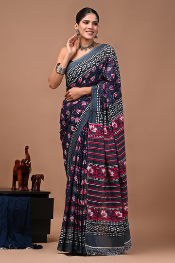 Faddism Bagru Print Pure Mulmul Cotton Saree with Running Blouse