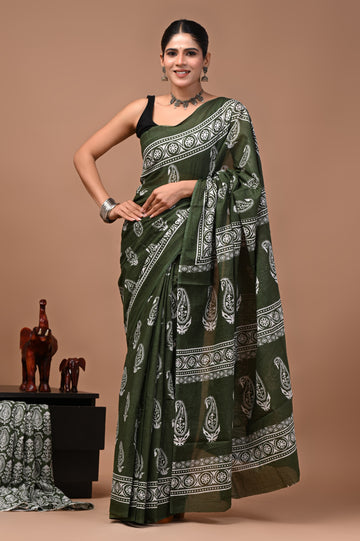 Faddism Bagru Print Pure Mulmul Cotton Saree with Running Blouse