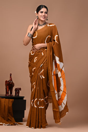 Faddism Bagru Print Pure Mulmul Cotton Saree with Running Blouse