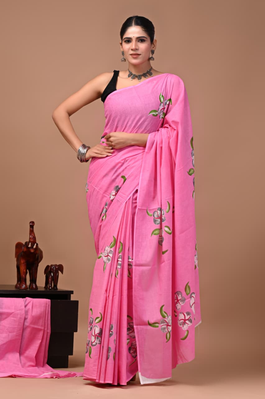 Faddism Bagru Print Pure Mulmul Cotton Saree with Running Blouse