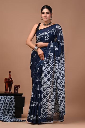 Faddism Bagru Print Pure Mulmul Cotton Saree with Running Blouse