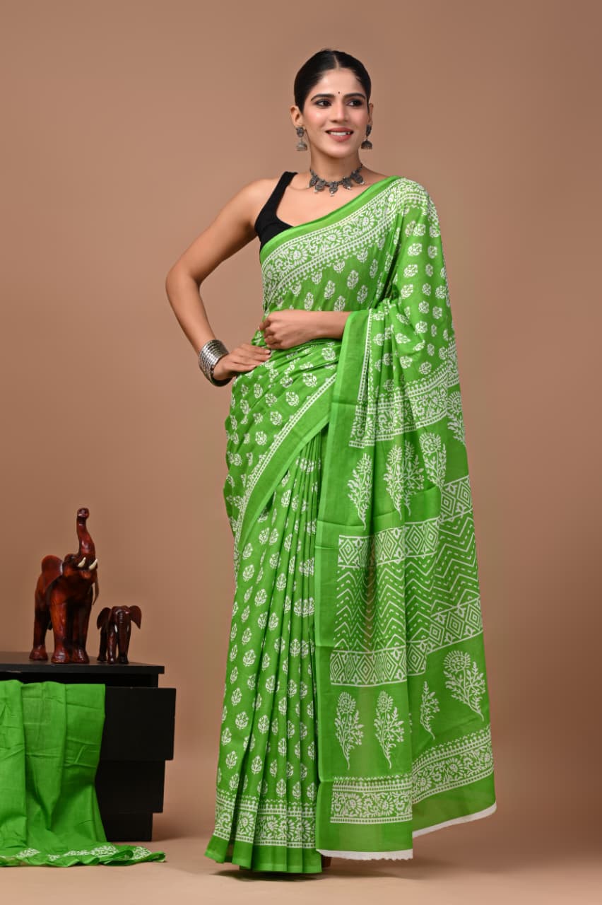 Faddism Bagru Print Pure Mulmul Cotton Saree with Running Blouse