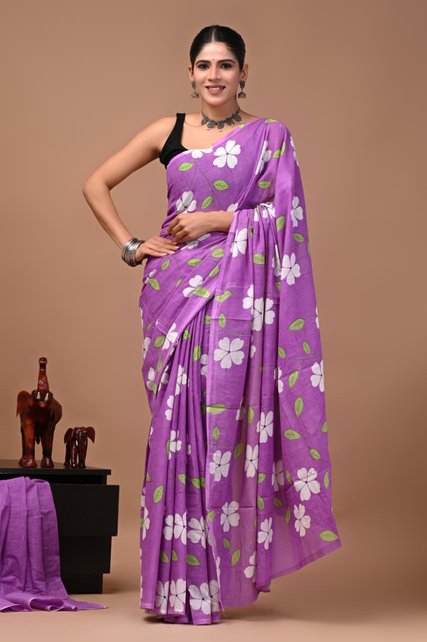 Faddism Bagru Print Pure Mulmul Cotton Saree with Running Blouse