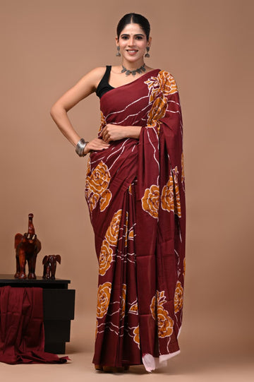 Faddism Bagru Print Pure Mulmul Cotton Saree with Running Blouse
