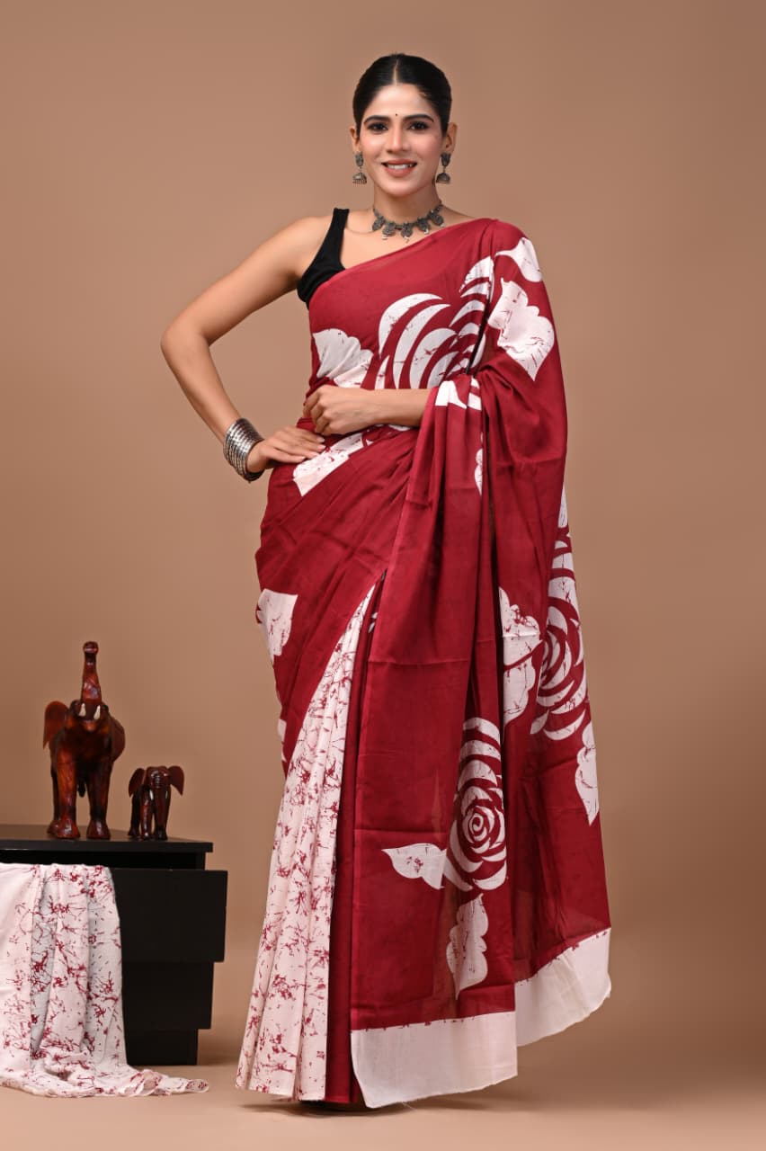Faddism Bagru Print Pure Mulmul Cotton Saree with Running Blouse