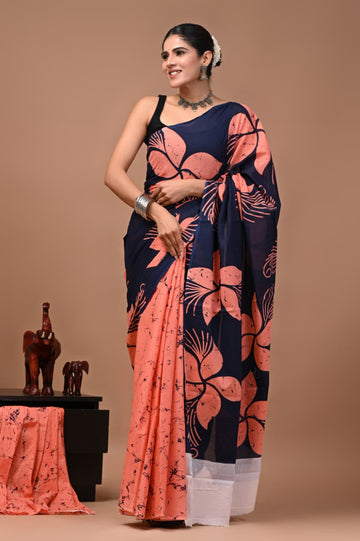 Faddism Bagru Print Pure Mulmul Cotton Saree with Running Blouse