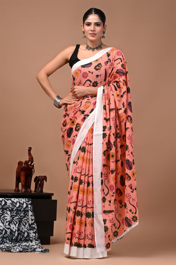 Faddism Bagru Print Pure Mulmul Cotton Saree with Running Blouse