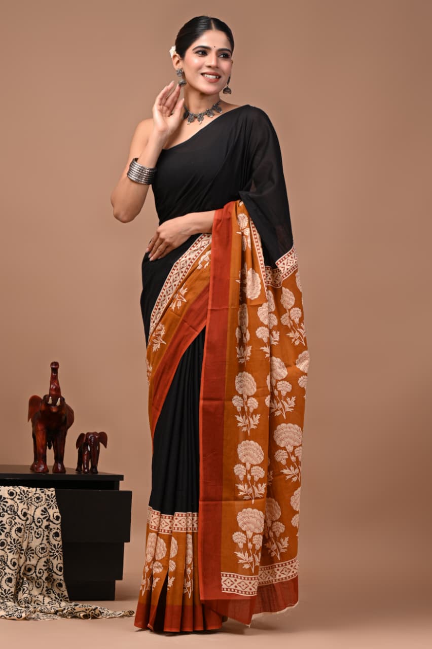 Faddism Bagru Print Pure Mulmul Cotton Saree with Running Blouse
