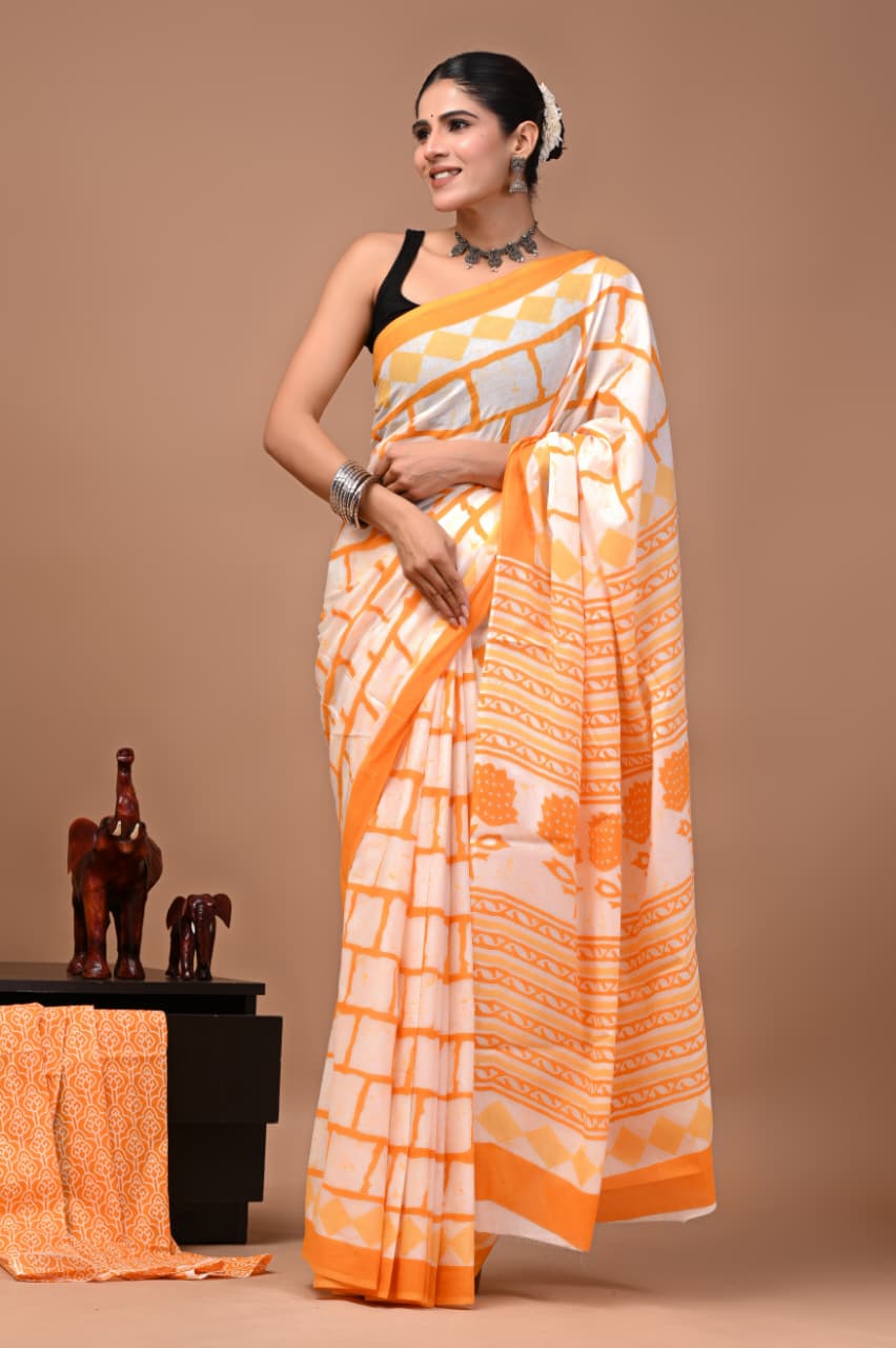 Faddism Bagru Print Pure Mulmul Cotton Saree with Running Blouse
