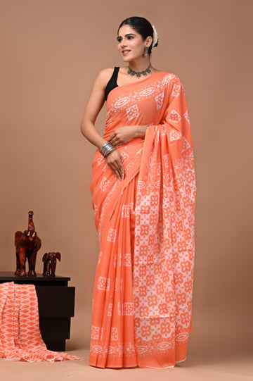 Faddism Bagru Print Pure Mulmul Cotton Saree with Running Blouse