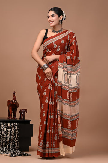 Faddism Bagru Print Pure Mulmul Cotton Saree with Running Blouse