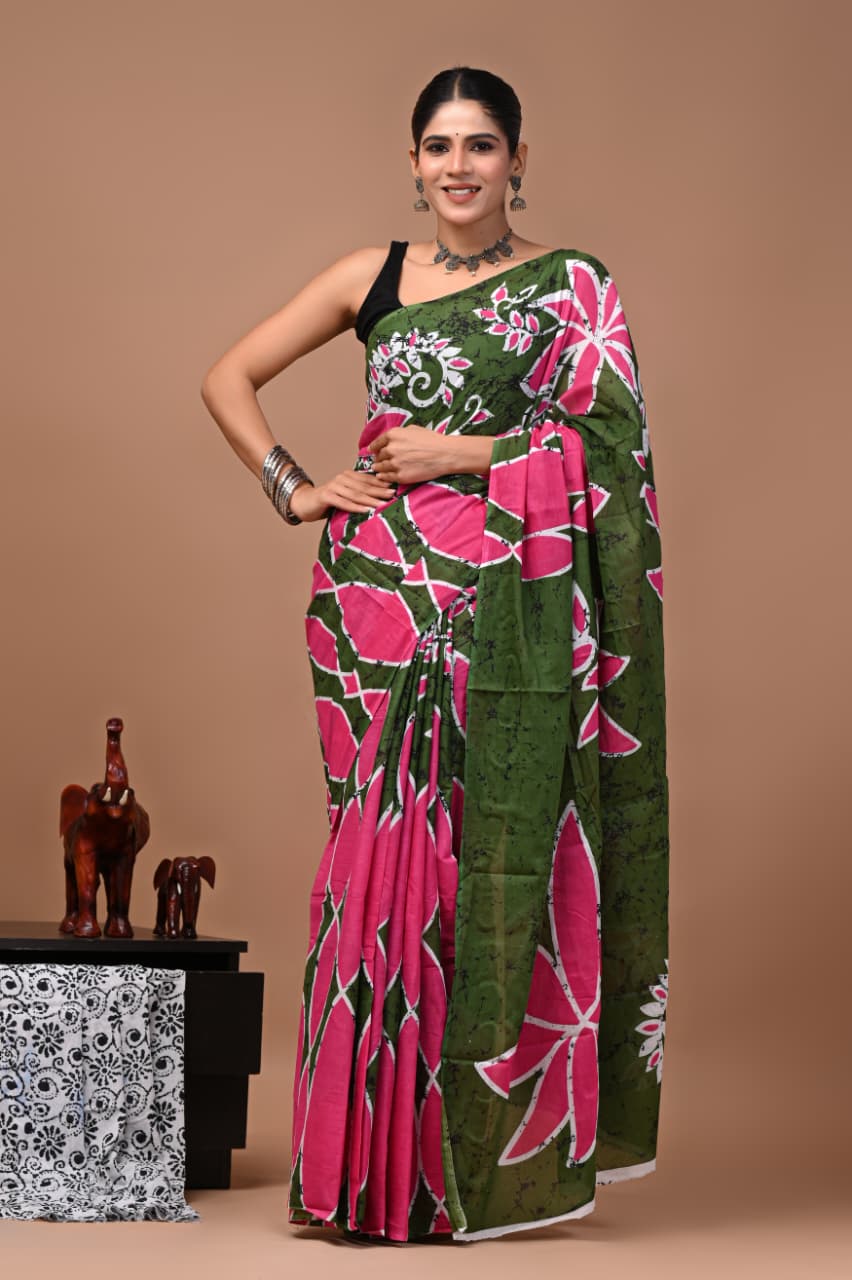 Faddism Bagru Print Pure Mulmul Cotton Saree with Running Blouse