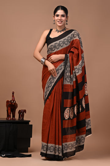 Faddism Bagru Print Pure Mulmul Cotton Saree with Running Blouse
