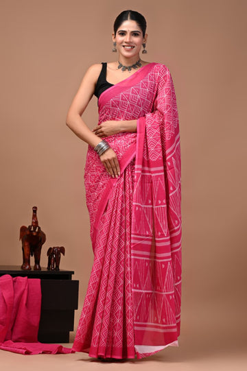 Faddism Bagru Print Pure Mulmul Cotton Saree with Running Blouse