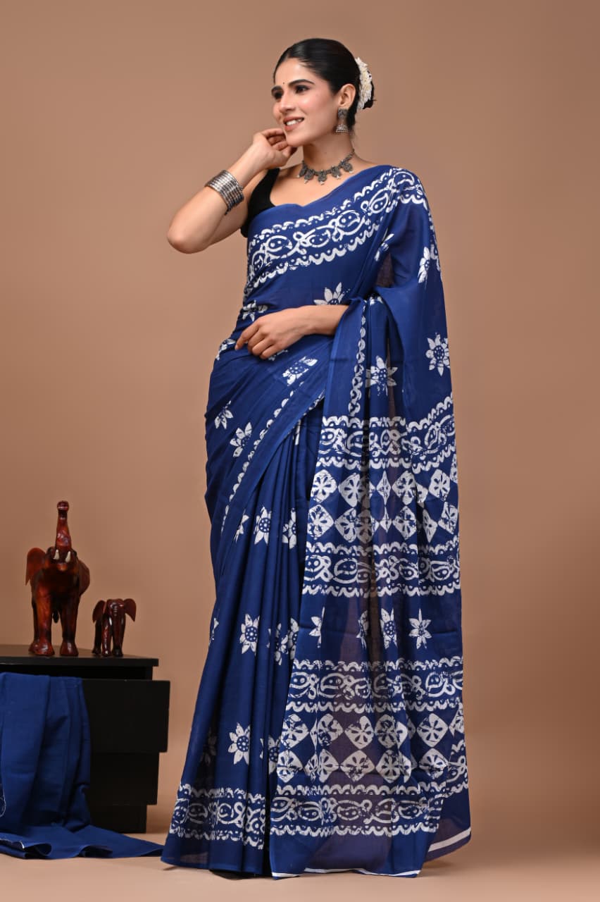 Faddism Bagru Print Pure Mulmul Cotton Saree with Running Blouse