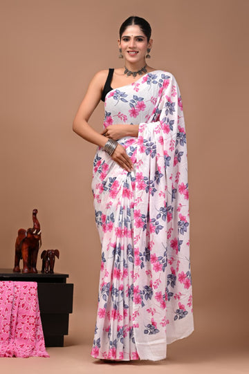 Faddism Bagru Print Pure Mulmul Cotton Saree with Running Blouse
