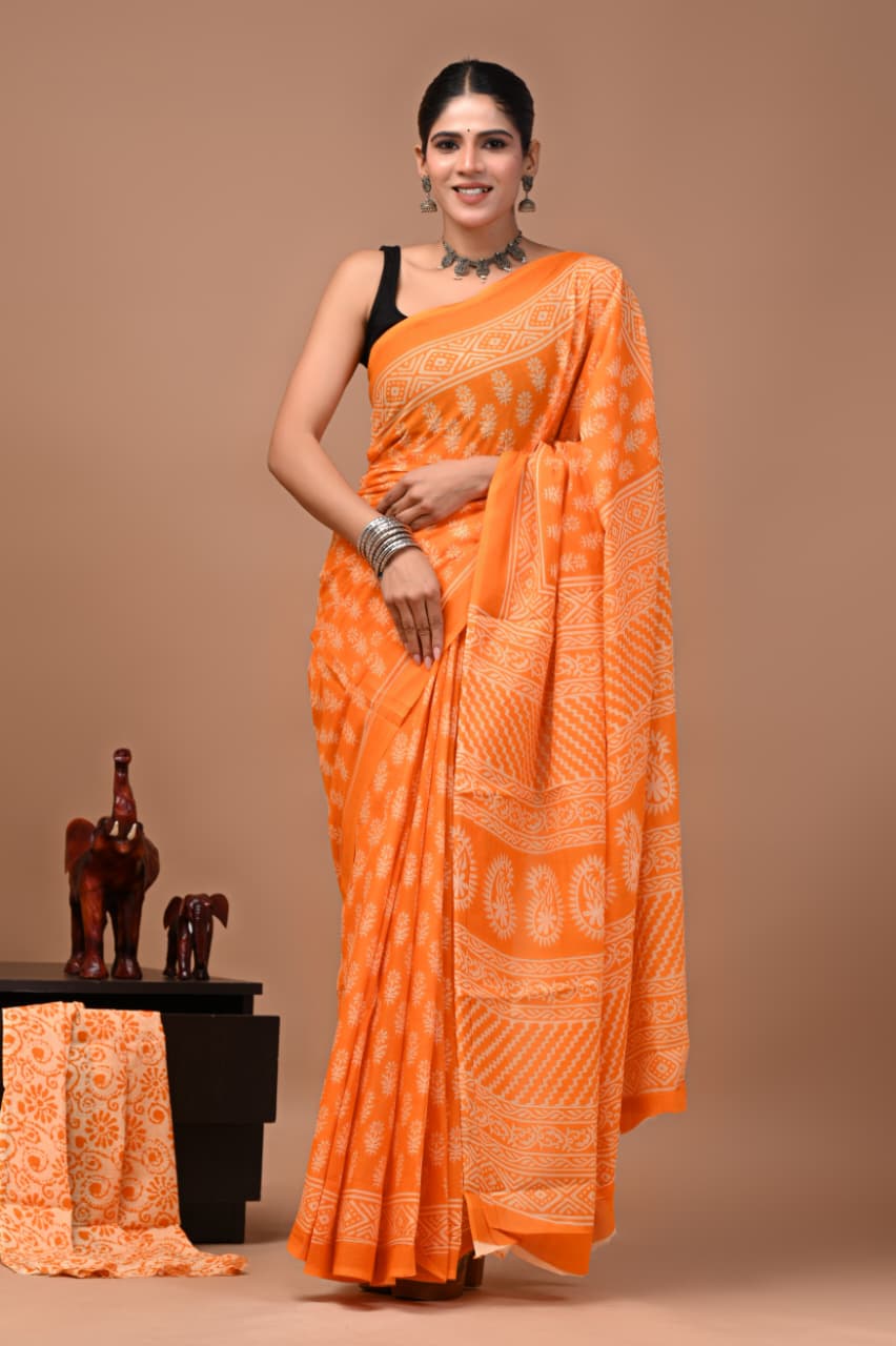 Faddism Bagru Print Pure Mulmul Cotton Saree with Running Blouse