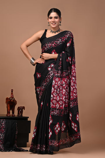 Faddism Bagru Print Pure Mulmul Cotton Saree with Running Blouse