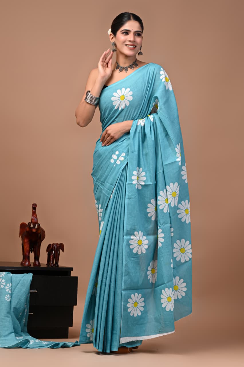 Faddism Bagru Print Pure Mulmul Cotton Saree with Running Blouse