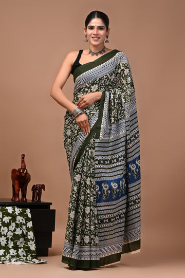 Faddism Bagru Print Pure Mulmul Cotton Saree with Running Blouse