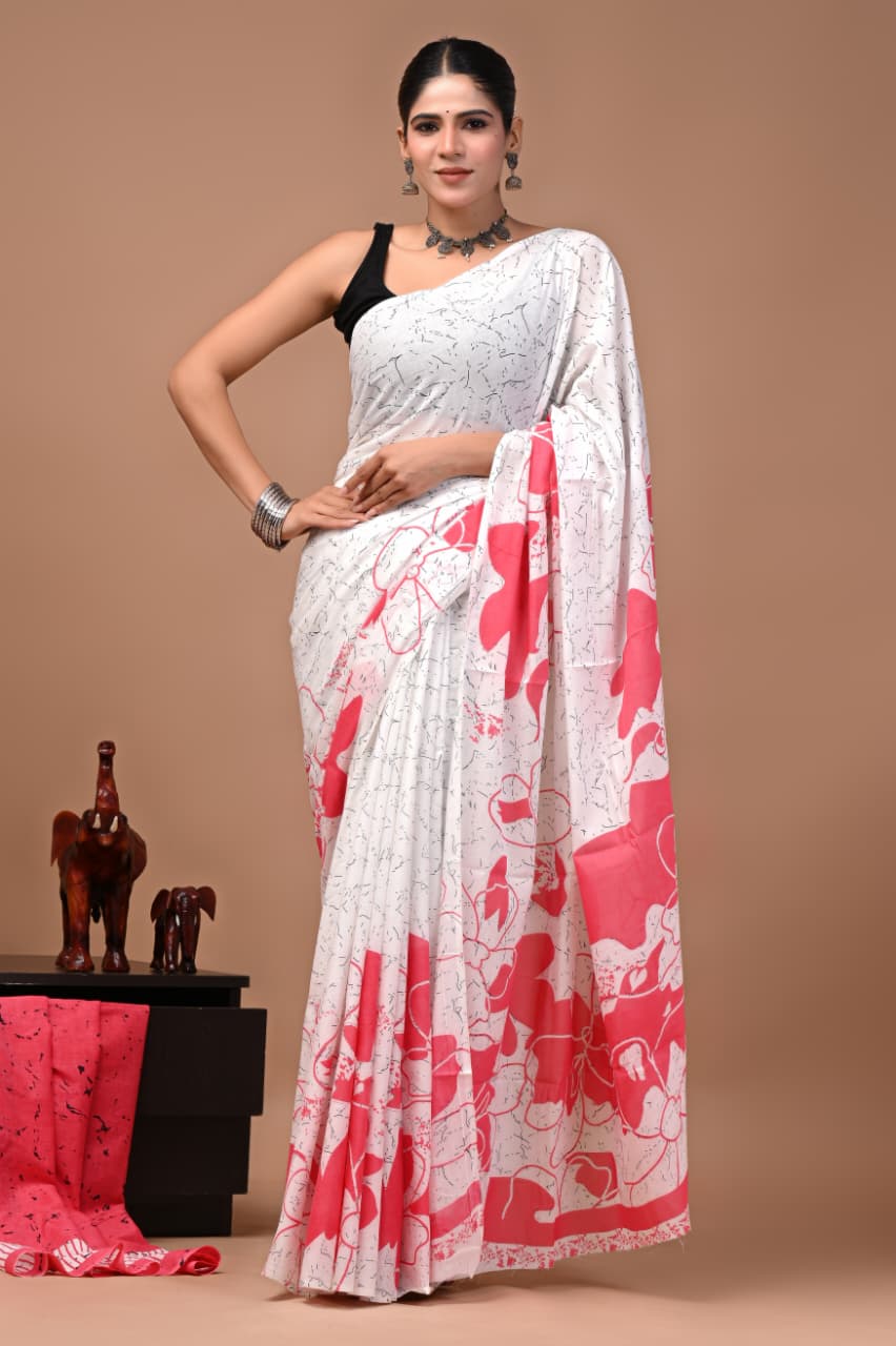 Faddism Bagru Print Pure Mulmul Cotton Saree with Running Blouse