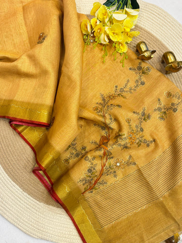 Faddism Bengal Linen Tissue Zari Saree with Aari & Mirror Work