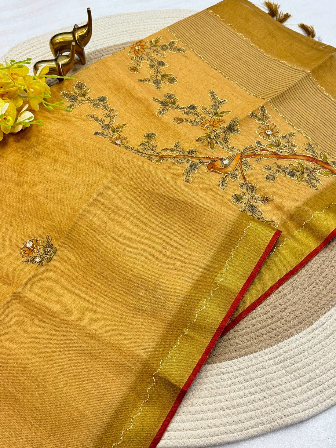 Faddism Bengal Linen Tissue Zari Saree with Aari & Mirror Work