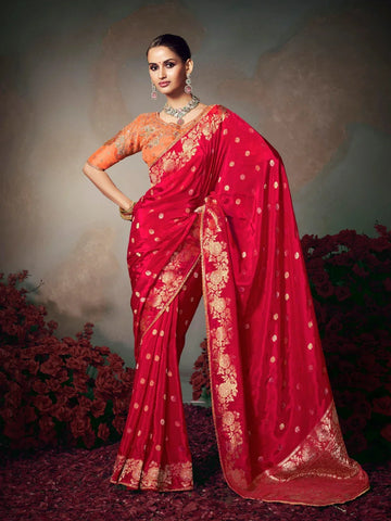 Faddism Bridal Red Kamini Silk Chiniya Silk Designer Saree with Embroidered Blouse