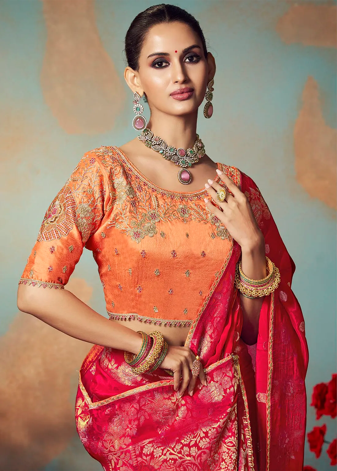 Faddism Bridal Red Kamini Silk Chiniya Silk Designer Saree with Embroidered Blouse