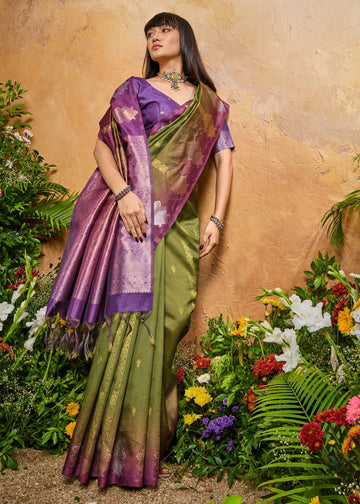 Faddism Heena Green Solaris Handloom Weaving Paper Silk Saree