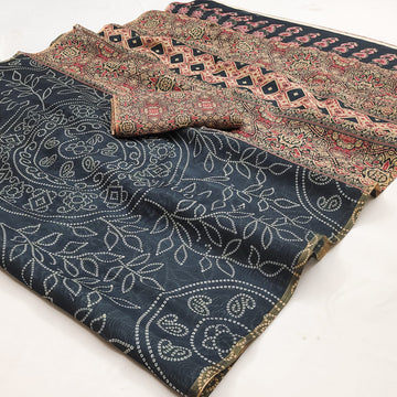 Faddism Chanderi Linen Saree with Ajrakh Kalamkari Print & Zari Border