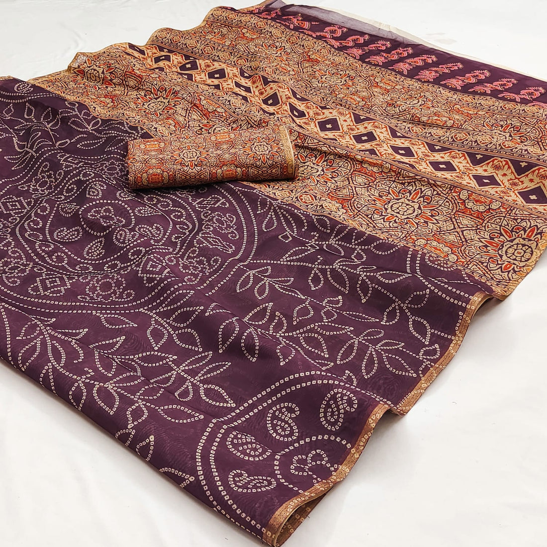 Faddism Chanderi Linen Saree with Ajrakh Kalamkari Print & Zari Border