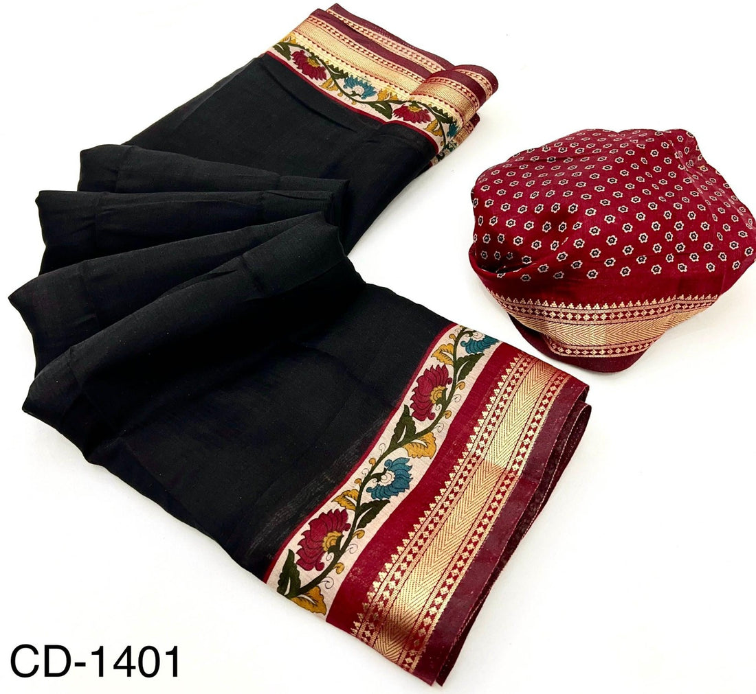 Faddism Chandrama Soft Mul Cotton Kalamkari Saree with Zari Border
