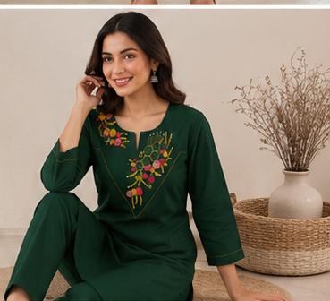 Faddism Cotton Kurti Pant Set with Embroidery Work