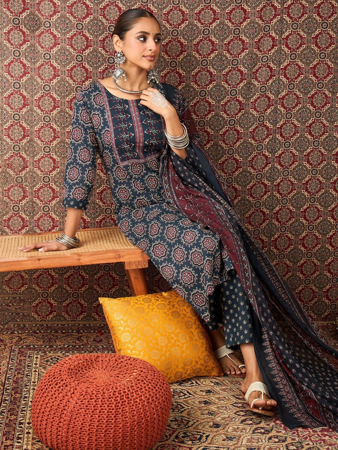 Faddism Cotton Printed Kurti Pant Dupatta Set for Women