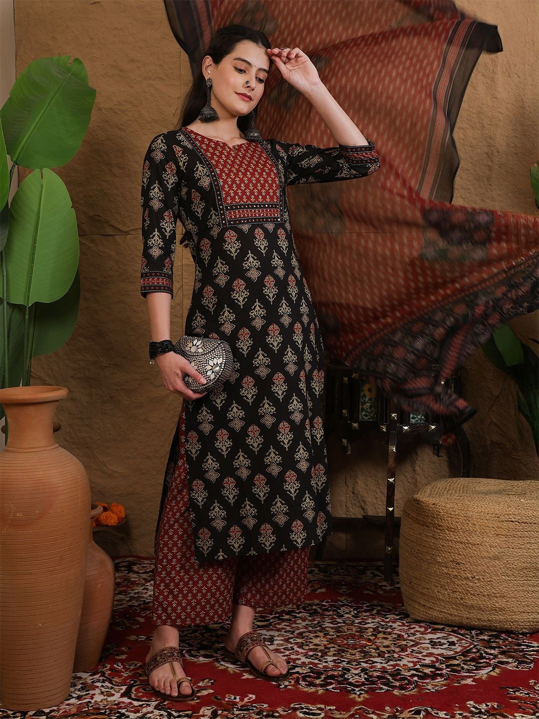 Faddism Cotton Printed Kurti Pant Dupatta Set with Hand Work