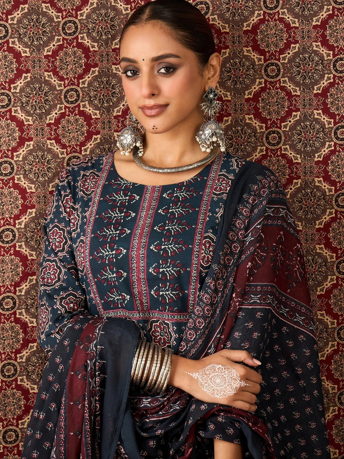 Faddism Cotton Printed Kurti Pant Dupatta Set with Hand Work