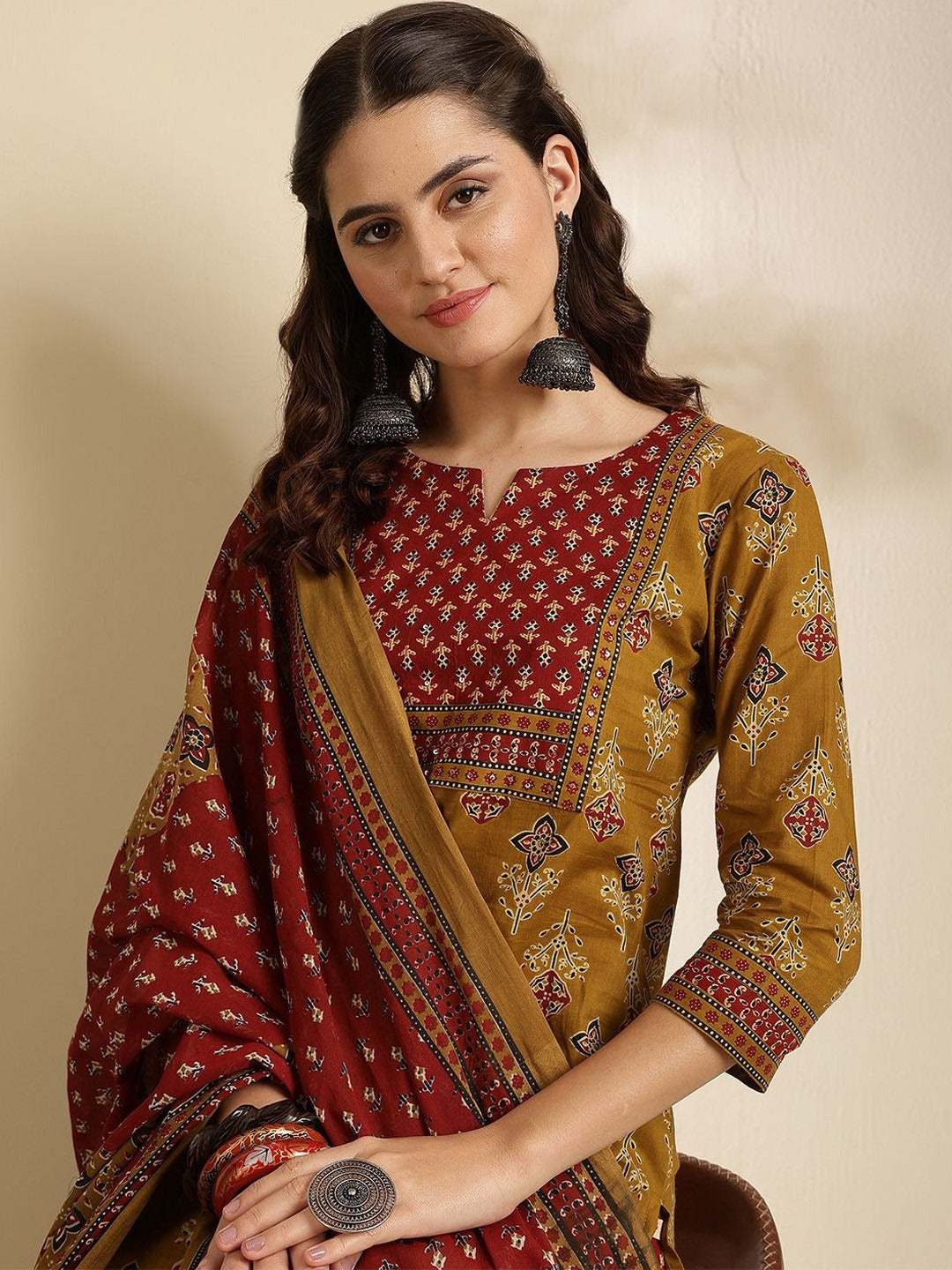 Faddism Cotton Printed Kurti Pant Dupatta Set with Hand Work
