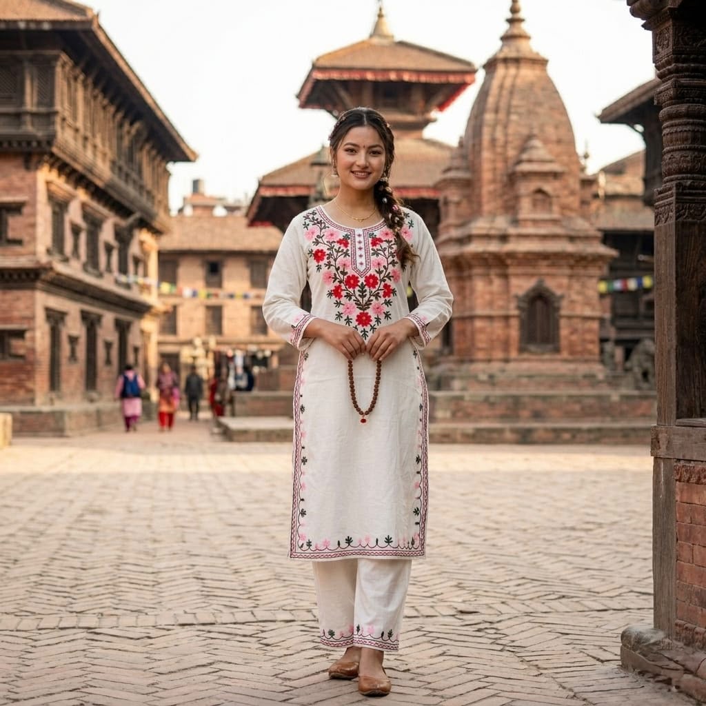 Faddism Cotton Slub Kurti Pant Set with Manual Heavy Aari Work